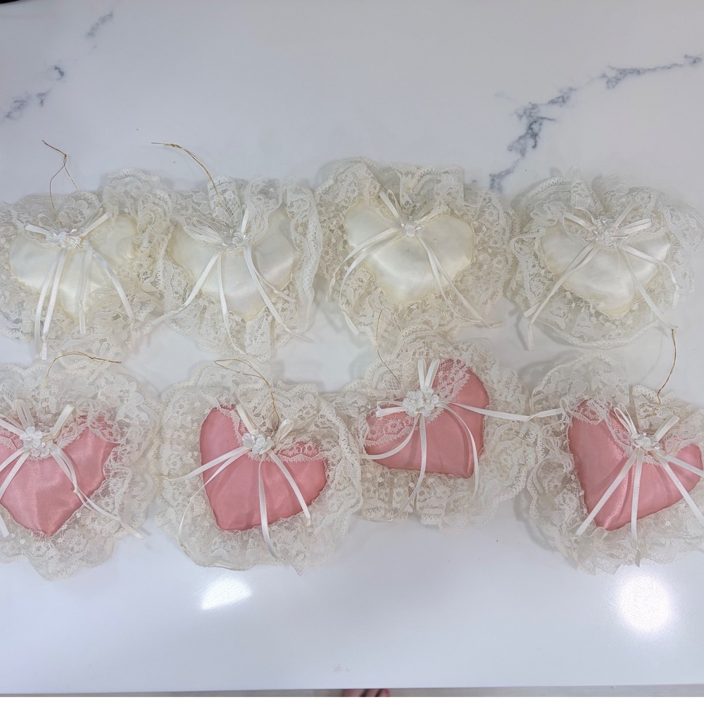 Vintage Heart Christmas Ornaments Set of 8 Pink Ivory Satin Lace Shabby Chic